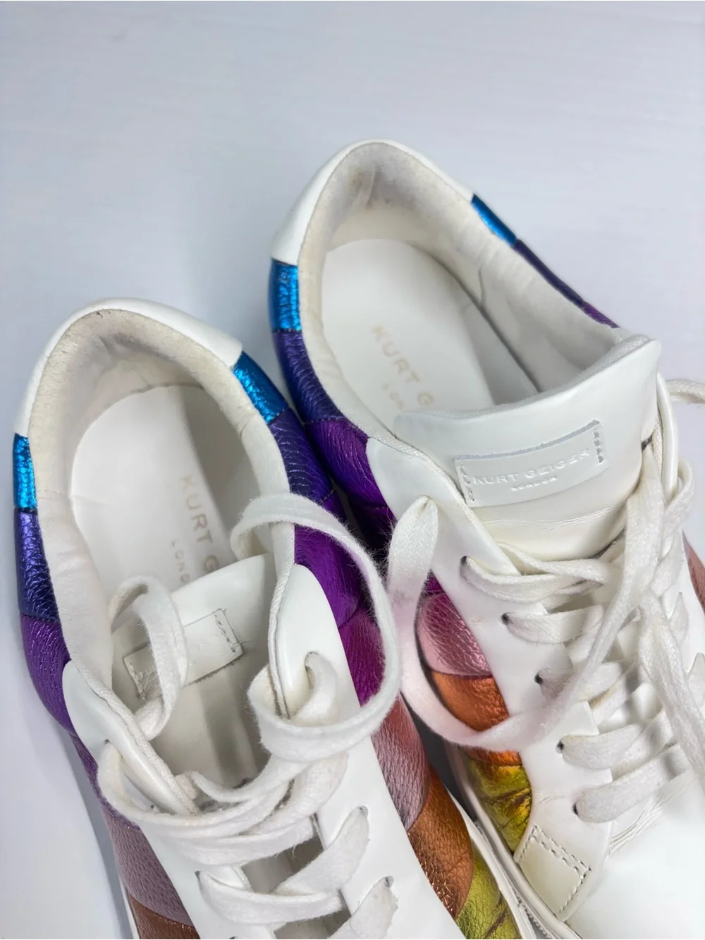 Kurt Geiger Metallic Rainbow Sneakers White Leather Iridescent Fun Leather 8.5